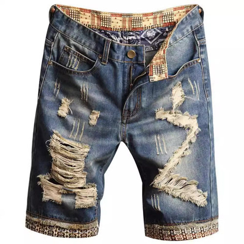 Japanese retro distressed casual brand ripped jeans shorts men's five-inch mid-length pants vagabond loose straight tube trend pants 