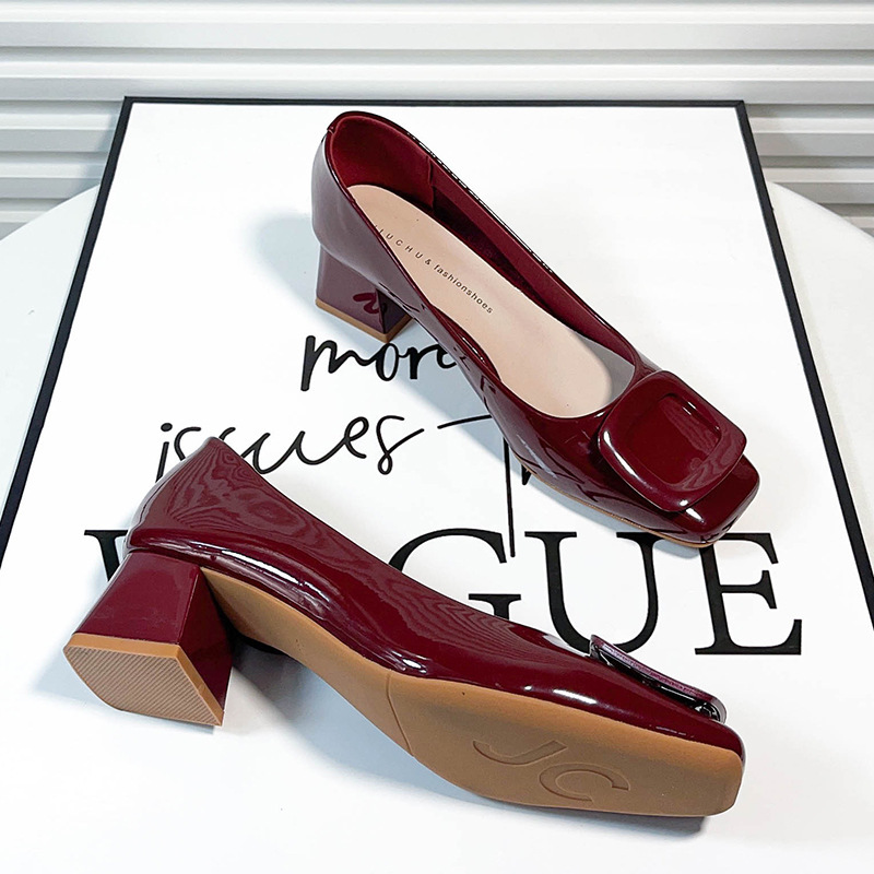 5881-10B Flats Square Toe Thick Heel Flats Medium Heel All Year Round Women's Shoes 2024 New Patent Leather Elegant 4.5cm