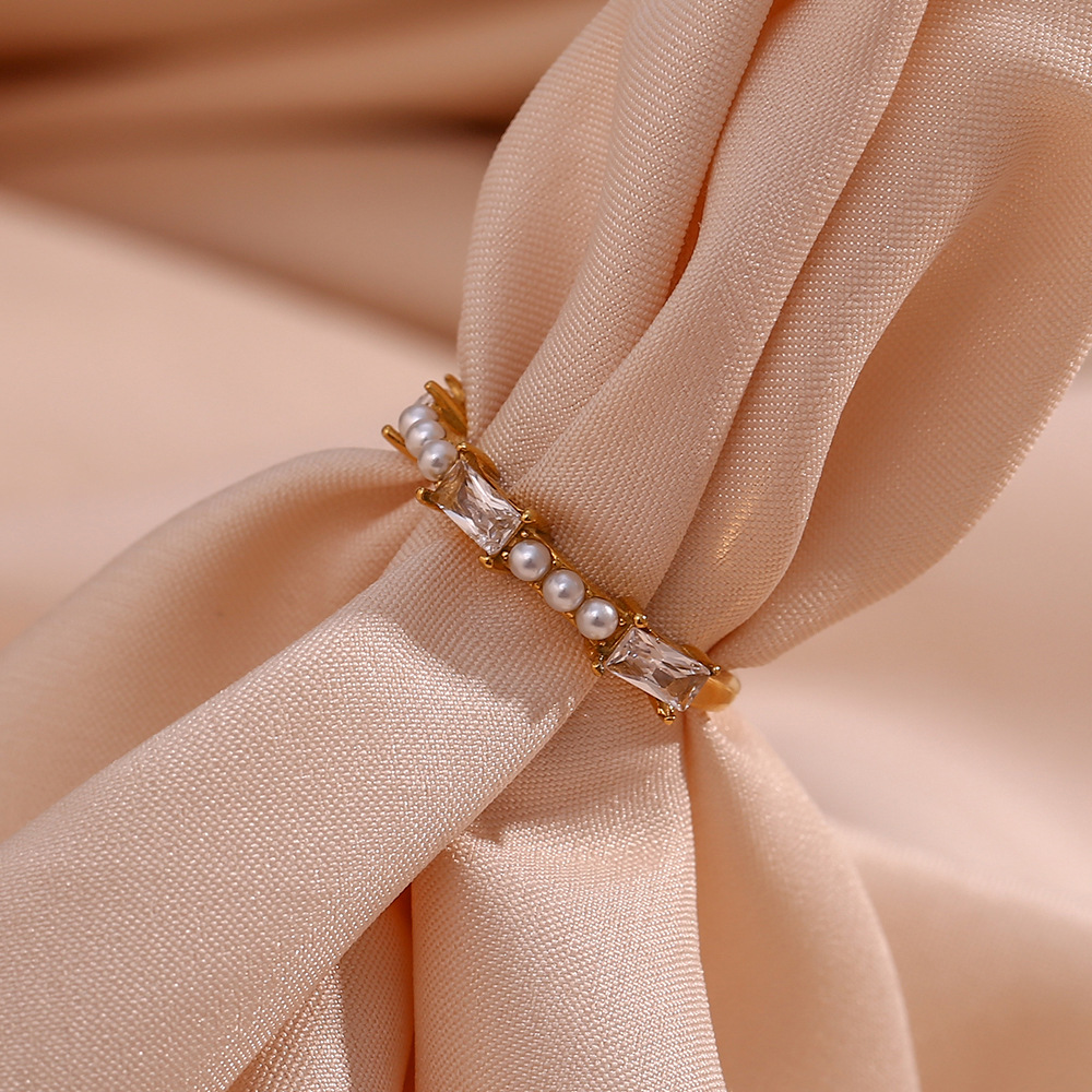 Fashion Geometric Stainless Steel Inlay Artificial Pearls Zircon Open Ring 1 Piece