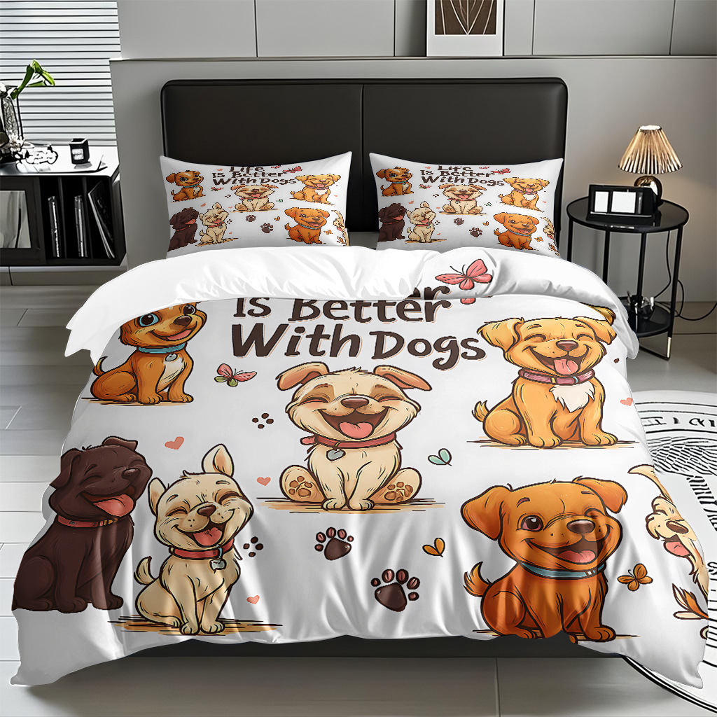 Fábrica de origen transfronteriza textil doméstico TEMU / JIT suave piel abrasiva caricatura cachorro impresión digital set edredón