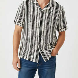 吉祥力推 棉混高捻纱3D镂空透气春夏男士休闲古巴领条纹短袖衬衫