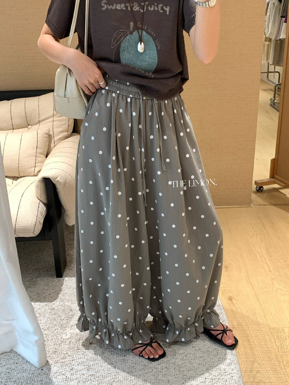 Quần culottes nữ ống rộng chấm bi phong cách vintage, cạp chun, dáng suông rộng thoải mái — màu đen, Màu bí ngô, màu trắng, màu xám chi tiết 31