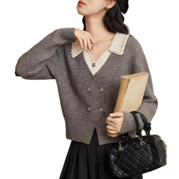 法式灰色假两件毛衣女2025秋冬新款慵懒风钉珠翻领长袖针织衫上衣|undefined