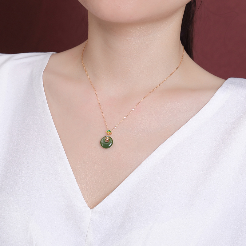 Mặt dây chuyền bạc S925 mạ vàng hình Ruyi khóa an toàn, phong cách quốc gia — Mẫu bạc ngọc bích Hetian (không có dây chuyền)