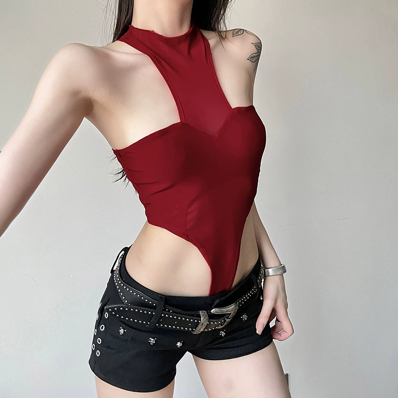 W308BS уличный сладкий и пряный дизайн, комбинезон с круглым вырезом и лямкой на бретельках для женщин, однотонный тонкий сексуальный сетчатый комбинезон с открытыми плечами для женщин