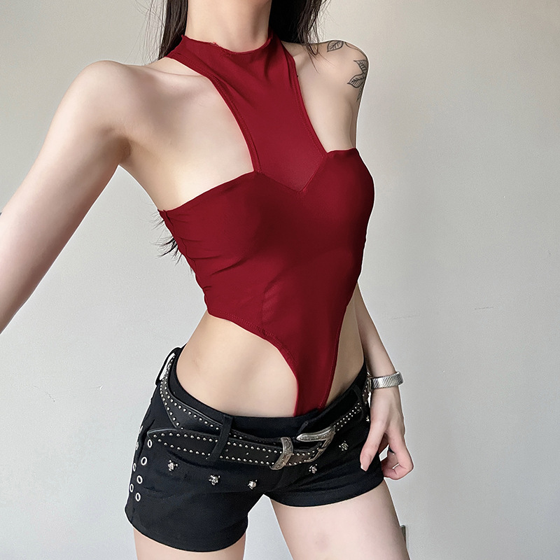W308BS Street Sweet Spicy Style Design Crew Neck Hanging Neck Jompon Women Solid Color Slim-fit Sexy Shoulder Mesh Women