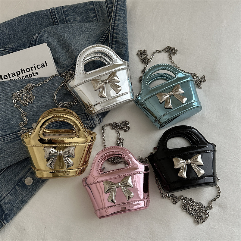 Bolso de hombro para niña coreana, canasta de fideos brillante láser, bolso de mensajero para niños, nuevo bolso para niños con cadena de lazo