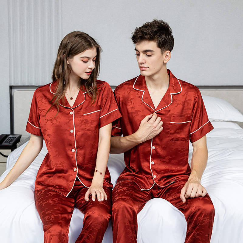 Ice Silk Pajamas Summer Silk Short-sleeved Pants Suit Spring and Autumn Lapel Printed Pajamas Fashionable Casual Thin Home Clothes Ice Silk Pajamas Summer Silk Short-sleeved Pants Suit Spring and Autumn Lapel Printed Pajamas Fashionable Casual Thin Home Clothes