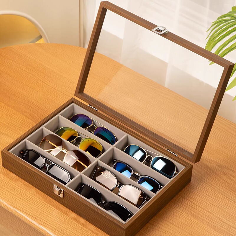 Walnut Grain Transparent Bag Cover Sunglasses Glasses Sunglasses Dust-Proof Finishing Artifact High-End Eight-Compartment Storage Box
