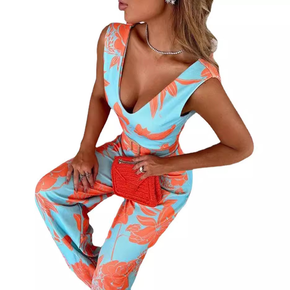 Amazon transfronteriza estilo europeo y americano nuevo verano de las mujeres impresas con cuello en V sin mangas SLIM-Fit sexy jumpsuit Pants