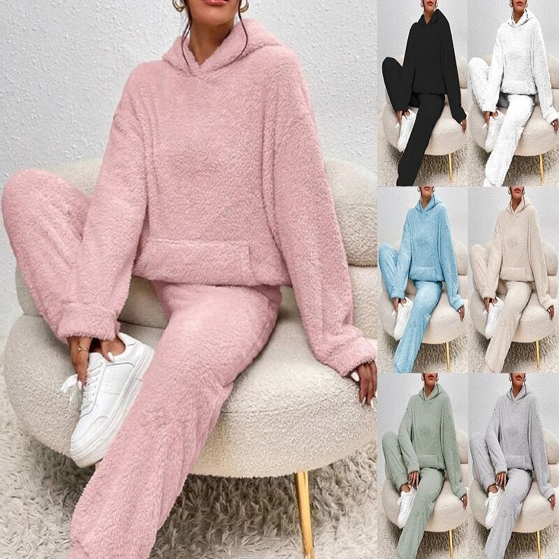 In-Stock European and American Cross-Border 2025 Autumn and Winter Solid Color Women's Hooded Long-Sleeve Patch Pocket Casual Long Pants Home Two-Piece Set In-Stock European and American Cross-Border 2025 Autumn and Winter Solid Color Women's Hooded Long-Sleeve Patch Pocket Casual Long Pants Home Two-Piece Set