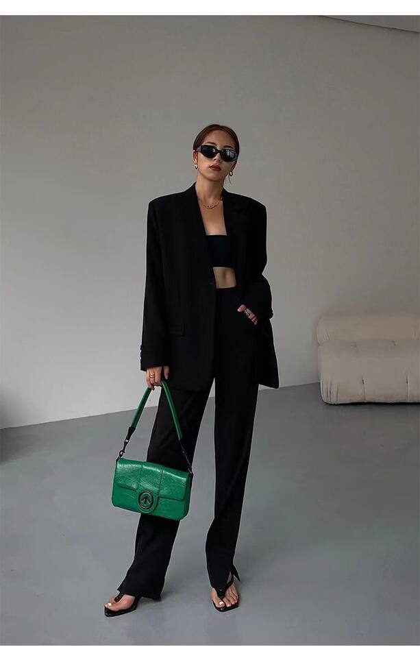 Áo blazer nữ dáng suông cổ vest hai nút tay dài phong cách Hàn Quốc — Màu đen [mẫu chất lượng cao], Nâu, màu xanh đậm, màu xám đậm chi tiết 19