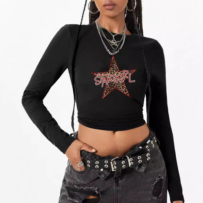 Cross-border American Spice Girl Crewneck Shoulder Long Sleeve Navel Design Top Fashionable Street Slim-fit Short T-shirt Women