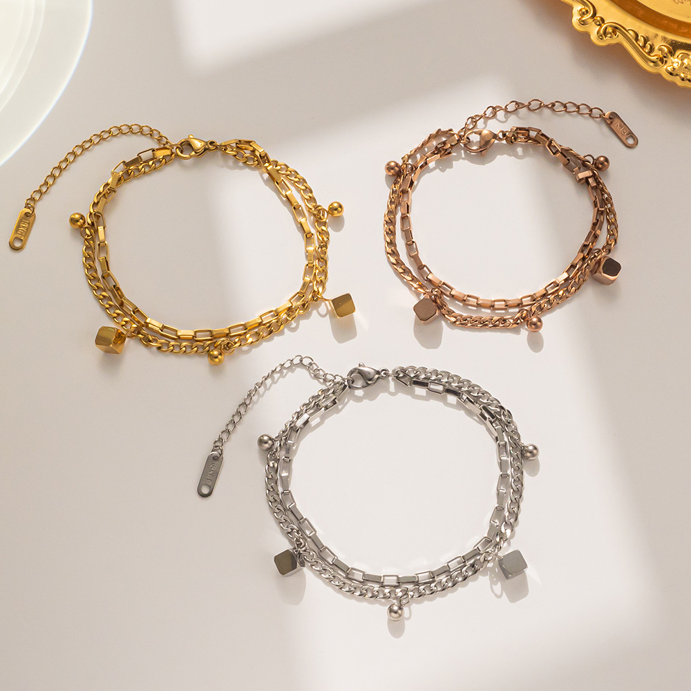 Titanium Steel Waterable Fashion Bracelet Bracelet Women's Stainless Steel Octagon Transfer Beads Double Layer Bracelet for Women