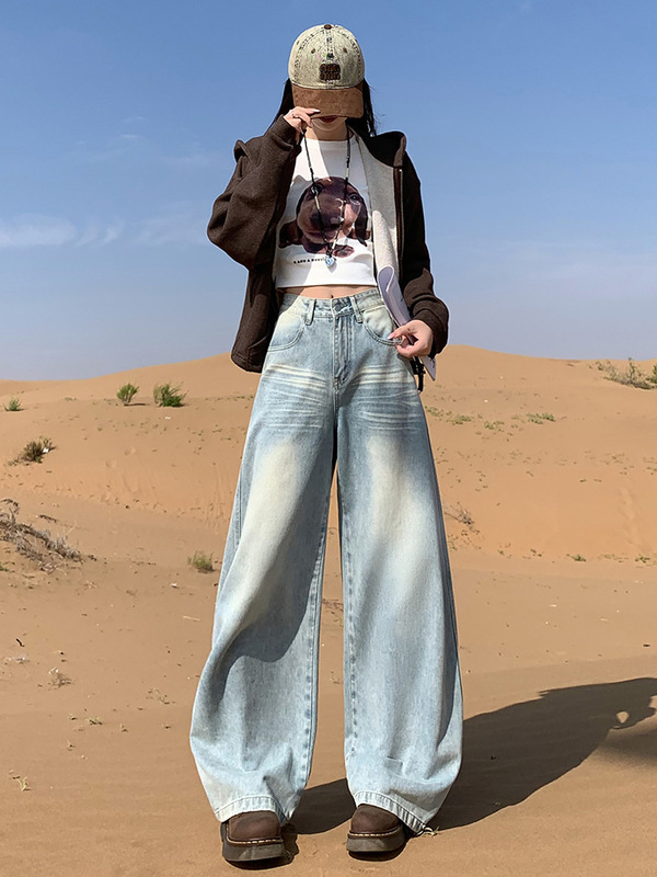 浅蓝色弯刀牛仔裤女2025年秋季新款高腰后袋刺绣设计感宽松阔腿裤|undefined