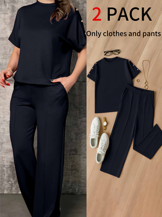 Women's Casual Two-Piece Set, Solid Color Loose Fit Lounge Wear, Comfortable Long Sleeve Top And Trousers Outfit_ecoleips.com