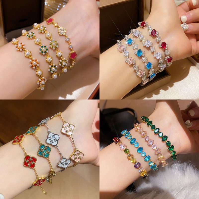 18K真金电镀锆石花朵手链法式简约宫廷风手环日常百搭手饰女批发|undefined