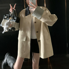 槿一 高智巴恩风 卡其色风衣撞色格纹拼接短款宽松外套女秋慵懒风