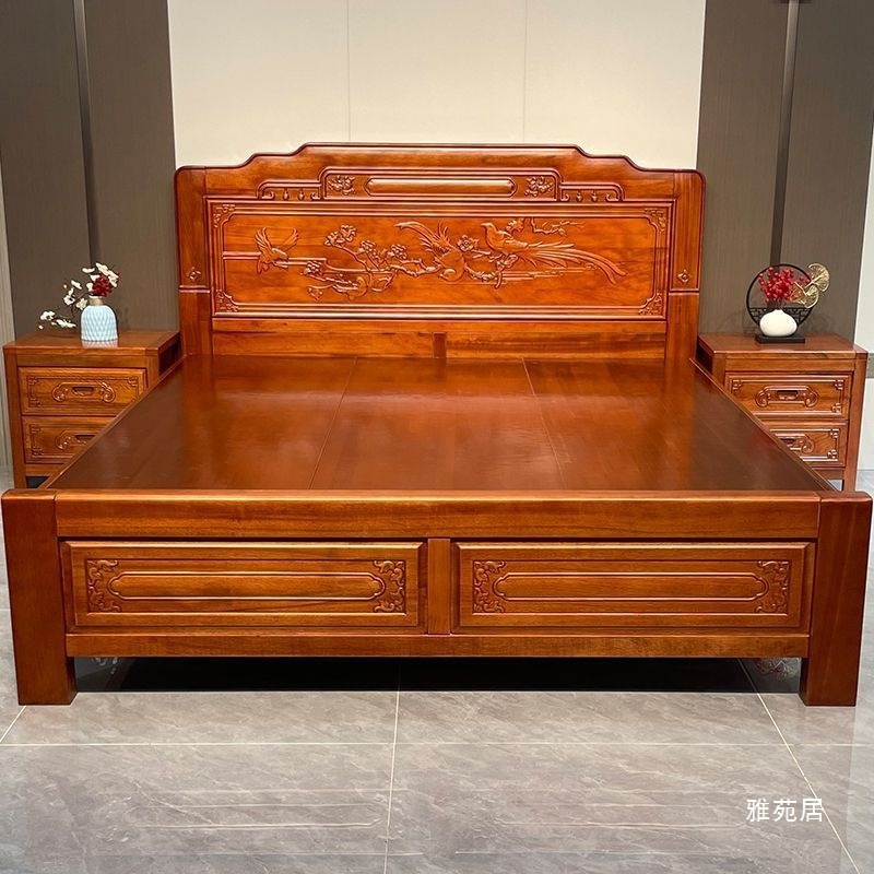 加厚加粗榫卯金花梨实木床双人主卧婚床中式明清仿古古典雕花木床|undefined