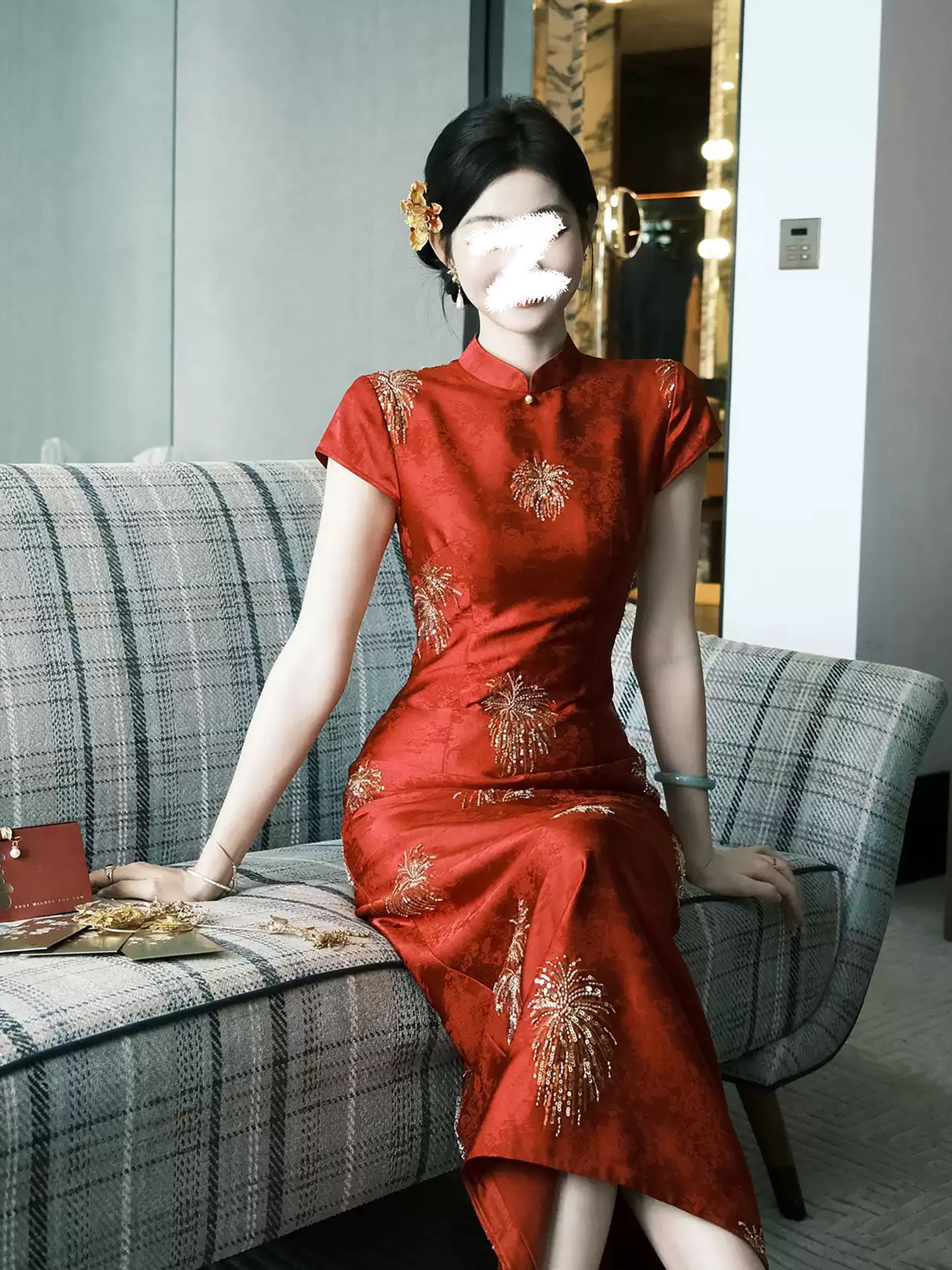 Đầm ôm body nữ kiểu Trung Hoa hiện đại thêu hoa nổi tay ngắn — màu mơ, màu đỏ chi tiết 3