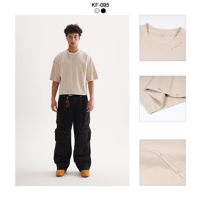 ETAI Hombre| American Street tide retro desgaste camiseta de hombre de color sólido de alta calidad pesada 100% algodón corto ancho mangas cortas