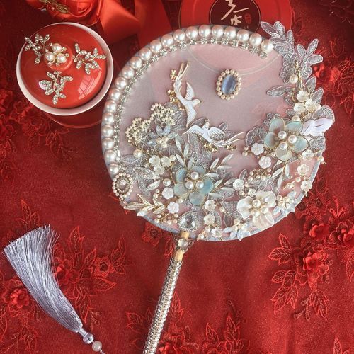 Chinese classical handmade ice blue happy fan bride showhe dress wedding fan engagement fan DIY material pack