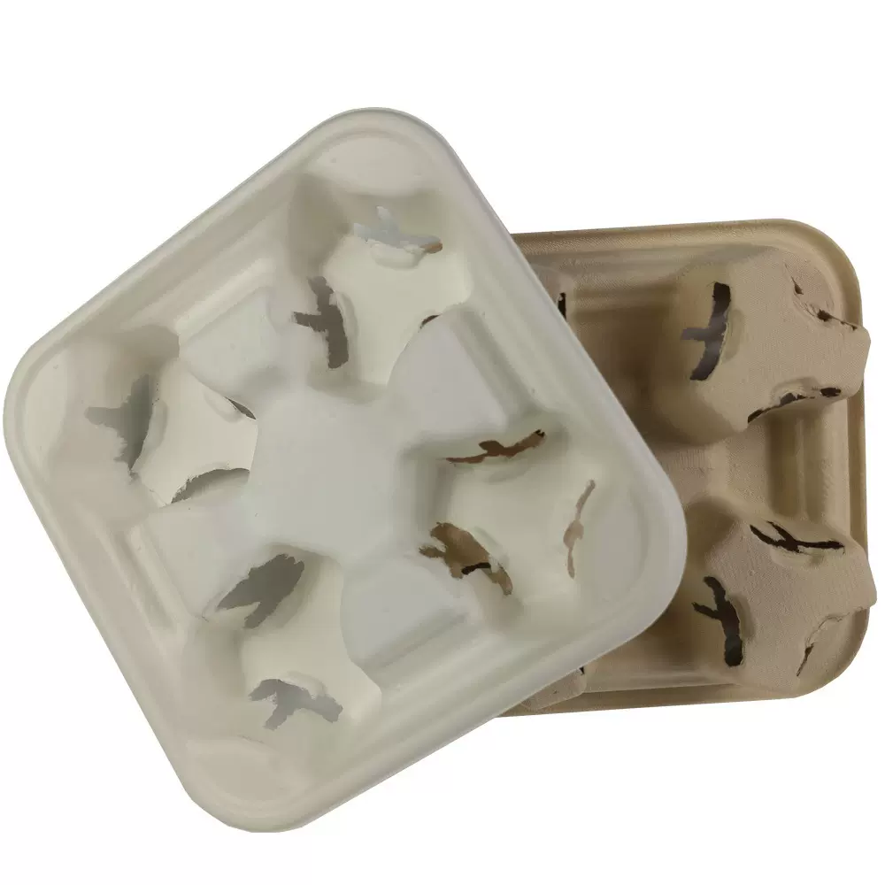 批发一次性可降解4格甘蔗纸浆杯托外卖打包外带咖啡奶茶杯托