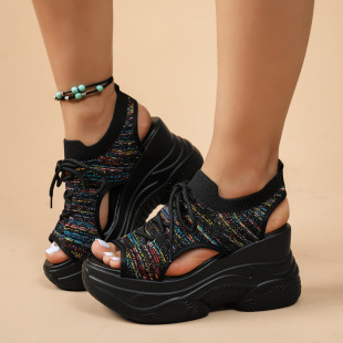 Cross-border Foreign Trade New Wedge Heel Open Toe Fish Toe Sandals Women's Thick Sole Flying Woven Lace-up Sports Wind Beach Sandals