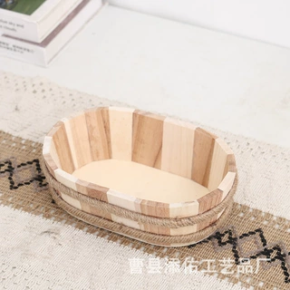 定制椭圆形木桶拼接木篮 麻绳装饰小木桶 木质收纳储物桶小木筐