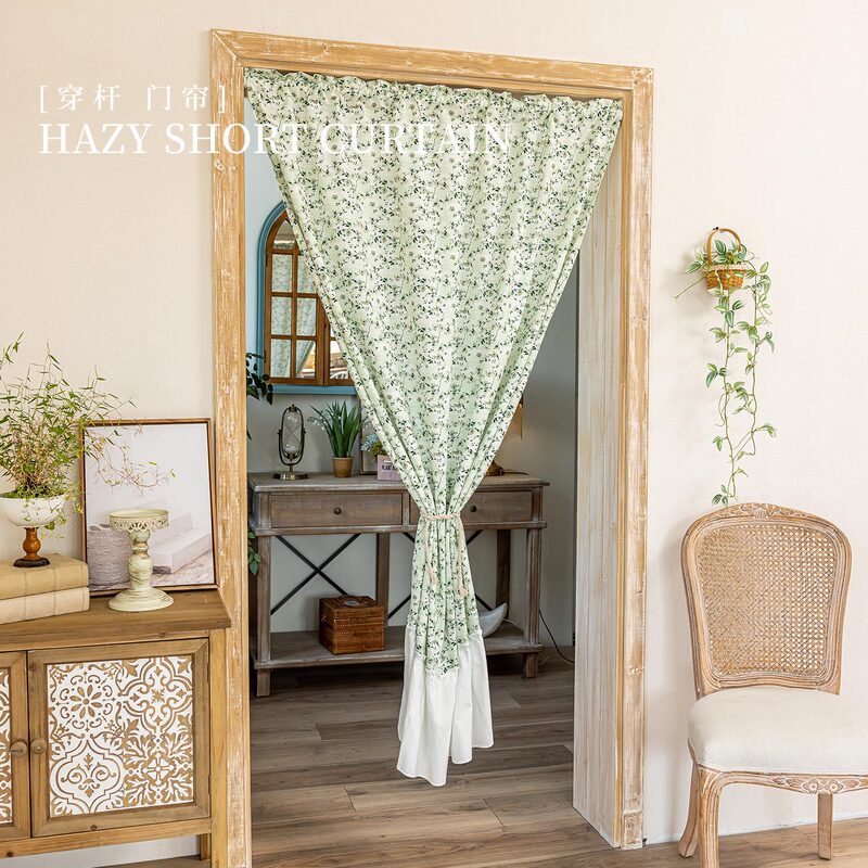 Chenille Printed Door Curtain, Floral, Fresh Style, Rod-Mounted, No-Drill Door Curtain, Blocking Curtain, Little White Mouse Home Decor