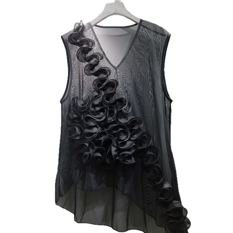 2026 primavera y verano nuevo estilo francés flores de cuello en V de malla transparente sin mangas chaleco de clip de caballo
