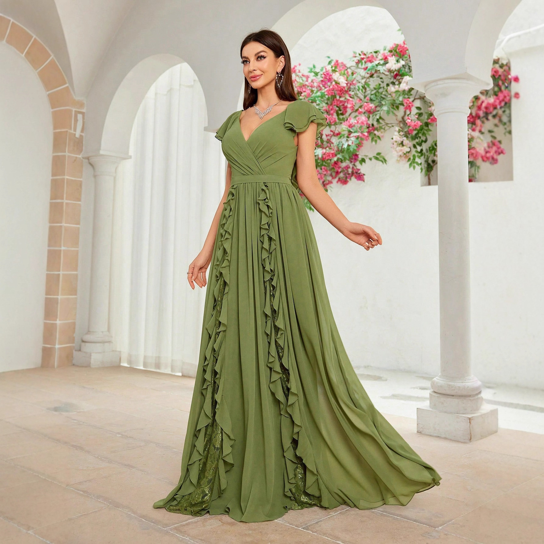 Francia temperamento vestido largo 2026 verano nuevo V-collar pleated borde cintura temperamento vestido vestido para adultos