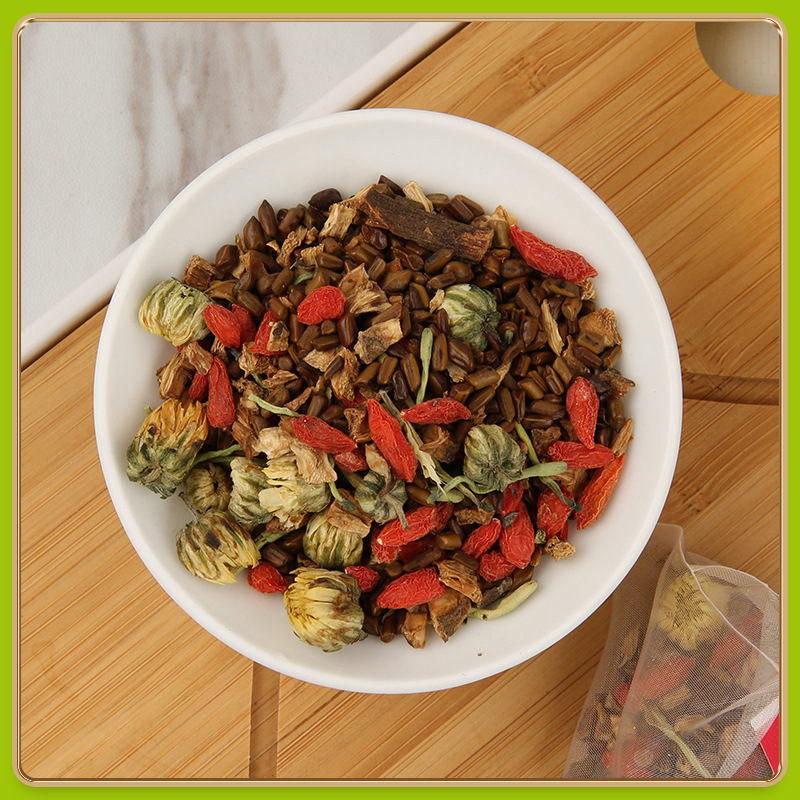 Chrysanthemum Goji Berry Cassia Seed Tea, honeysuckle tea, burdock root osmanthus tea, night owl transparent bag packaging, triangle bag.