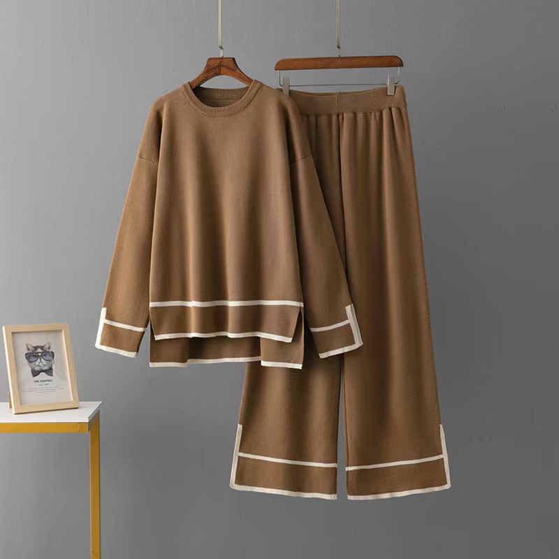Women's Long Sleeve Knit Top & High-Waisted Wide-Leg Pants Set - Chic Color Block Fall/Winter Outfit For Work & Casual_voghion.com