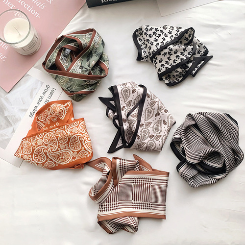 Spring and summer new retro printed silk scarf, high-value thin narrow long strip hair tie, versatile bandana for shirt small neckerchief