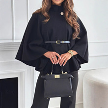 跨境亚马逊欧美女装冬季时尚气质优雅风纯色收腰绑带毛呢斗篷外套