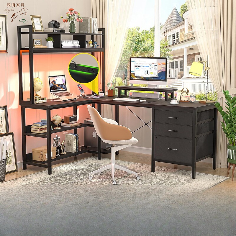 L-Shaped Desk with Bookshelf, Lighted Power Strip, Gaming Desk, Reversible Computer Desk, File Drawer, Storage Cabinet, Monitor Stand
