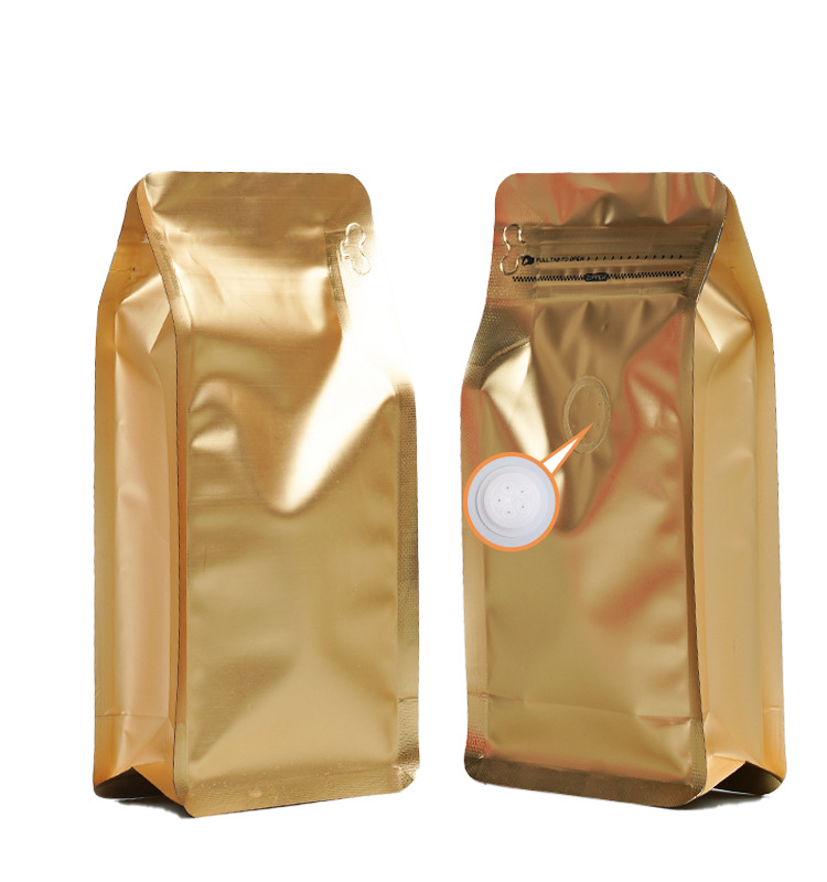 Bolsas de embalaje para alimentos transfronterizos con válvula y cremallera, bolsas verticales para bolsas autosellables de un peso y medio, bolsas de embalaje para granos de café con sellado de ocho lados.