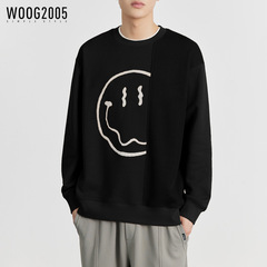 WOOG2005刺绣笑脸圆领拼接卫衣男2025春秋季新款潮流微宽松套头衫