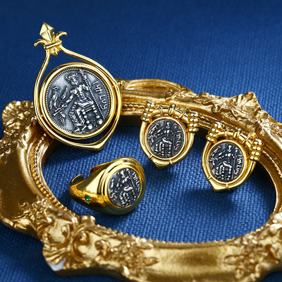 新款歐美古幣首飾套裝高級感三件套希臘宮廷風巴力神純銀錢幣飾品