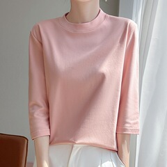 純綿七分袖tシャツ女性上着2025新型半高襟tシャツゆるい中袖シャツに夏をかける