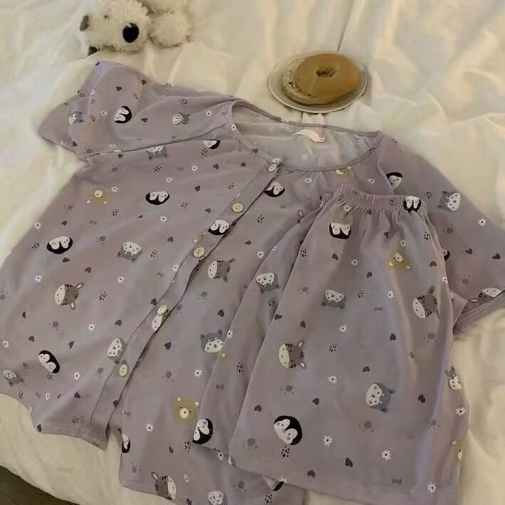 Pijamas de pingüino morado transfronterizo, pantalones cortos de verano de manga corta para mujer, cárdigan de cuello redondo, los estudiantes pueden usar trajes de ropa para el hogar