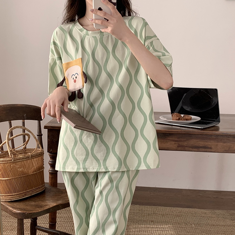 Pijamas de mujer de manga corta de algodón de imitación de verano al por mayor transfronterizo, trajes de pantalones lindos, ropa de hogar de celebridades de Internet con cuello redondo en vivo