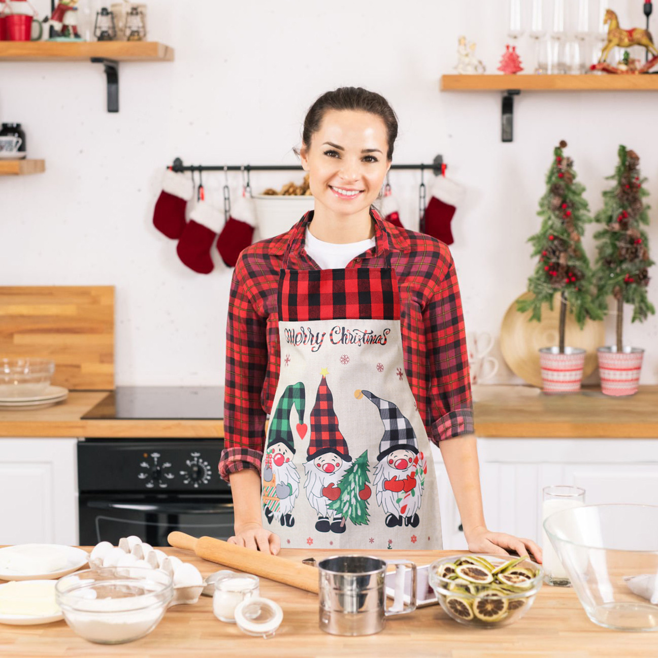 Navidad antiincrustante delantal lino sin cara muñeca delantal tela de color delantal restaurante delantal de cocina al por mayor