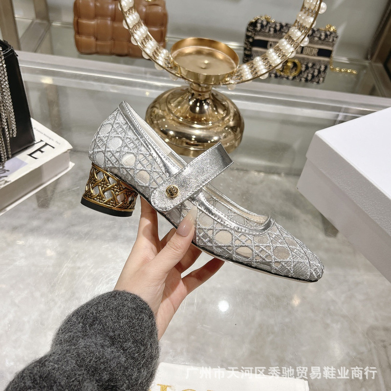 ハイバージョン 2025D 新しいジャカード刺繍シリンダーヒールバレエシューズスクエアトゥローヒールメリージェーンレースシューズ|undefined