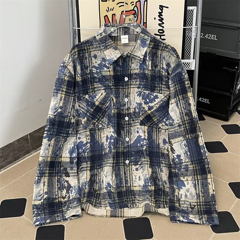 Tie-Dye Spray Paint Long-Sleeved Plaid Woolen Shirt Men's Spring and Autumn New American Style Plaid All-Match Jacket