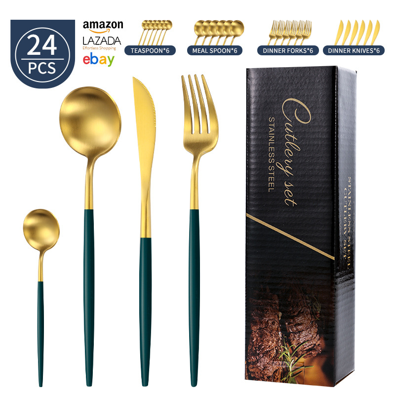 Transfronterizo Amazon mango redondo portugués cuchillo y tenedor cuchara set de platos de acero inoxidable mate cuchillo y tenedor de filete set 24 piezas