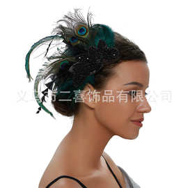 新款亚马逊跨境头饰孔雀羽毛发夹头花派对舞会赛马会礼帽头饰