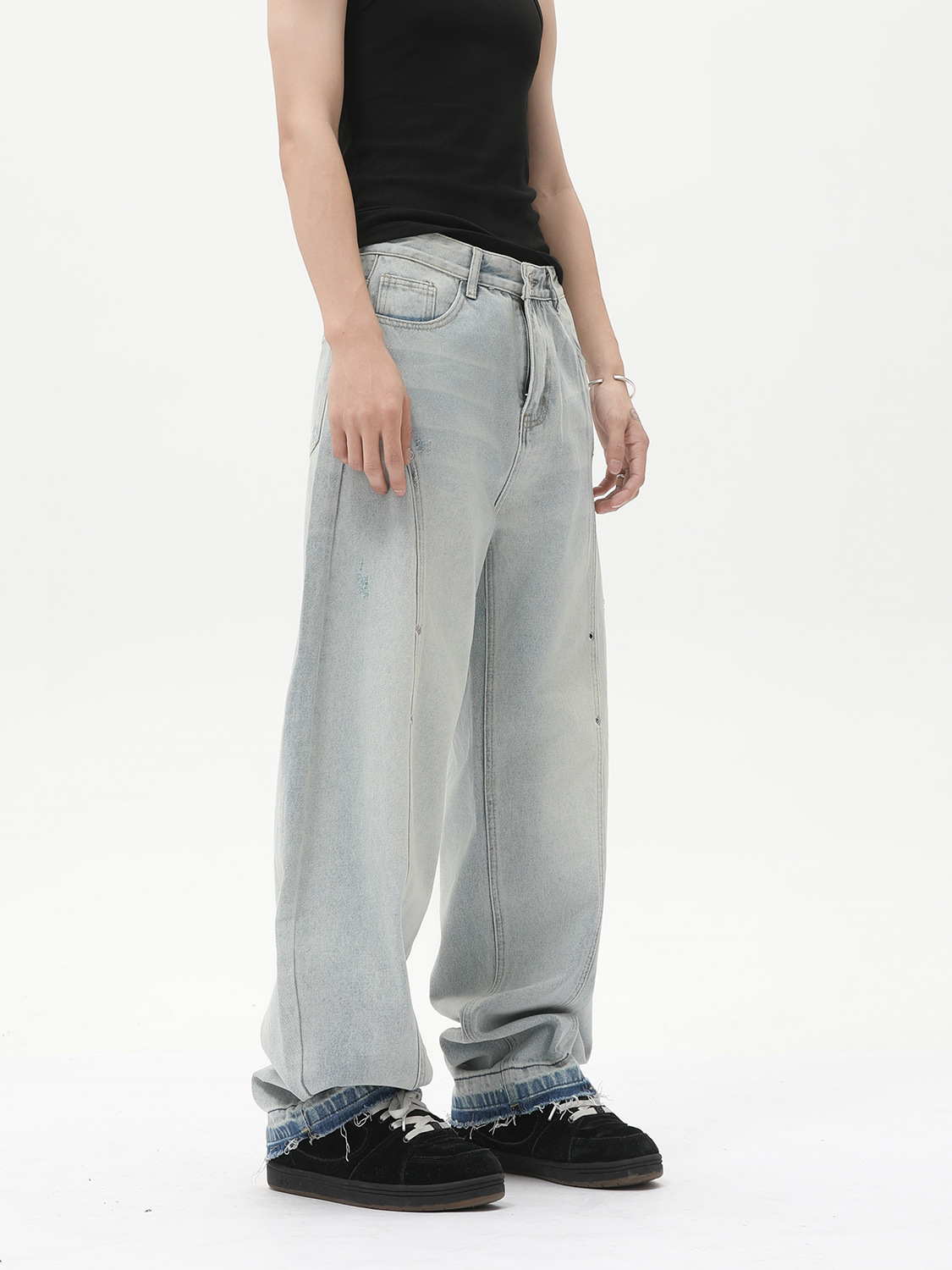 MTLCLOTHES Ropa de hombre | Vaqueros de pierna ancha de color claro con sentido de diseño de nicho, pantalones de cimitarra rectos sueltos y delgados, de moda