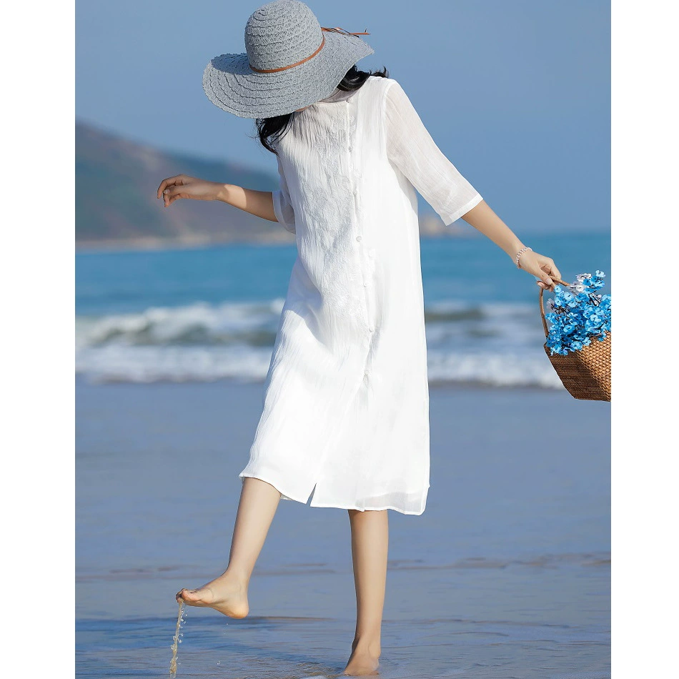 2021 Новое художественное женское платье с текстурной вышивкой рами, легкое платье, Женская Длинная элегантная юбка со средним рукавом